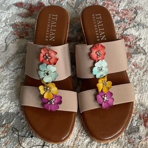 Italian Shoemakers Tan Sandals with Colorful Floral Design